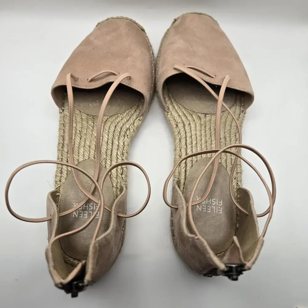 Eileen Fisher Blush Suede Elastic Strap Espadrille Flats Women's 9 Pink Zip